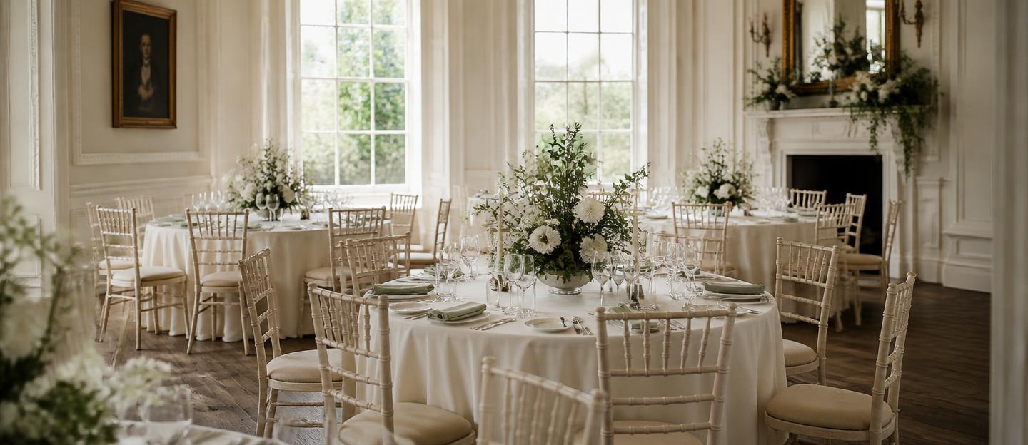 A softly lit wedding breakfast room with round tables in cream linen and sage floral centerpieces